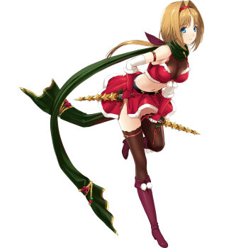 1girl bare_shoulders bent_over blue_eyes boots breasts choukou_(alicesoft) choukou_sennin_haruka choukou_taisen_escalation_heroines cleavage dagger full_body fur_trim green_scarf highres holding holding_dagger holding_knife holding_weapon knife large_breasts leg_up official_art onigirikun red_boots red_skirt scarf skirt solo takamori_haruka thighhighs thighs weapon