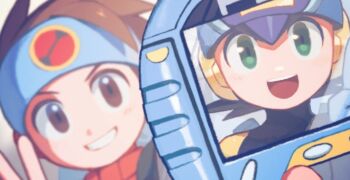 2boys blue_headband blue_helmet blurry blurry_background brothers brown_eyes brown_hair close-up green_eyes headband helmet klenschheim lan_hikari_(mega_man) male_focus mega_man_(series) mega_man_battle_network_(series) megaman.exe multiple_boys netnavi object_focus siblings twins v