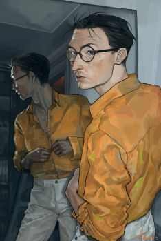 Rule 34 | 1boy, absurdres, aegyo sal, black hair, buttoning, collared shirt, commentary, cowboy shot, disco elysium, english commentary, expressionless, facial hair, hair slicked back, highres, indoors, kim kitsuragi, kozmoraven1610, looking at viewer, looking back, male focus, mirror, mustache stubble, orange shirt, partially open shirt, reflection, shirt, shirt tucked in, short hair, solo, standing, stubble