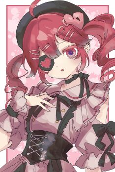 1girl ahoge black_bow black_corset black_hat black_ribbon blush border bow buttons commentary corset dot_nose double-parted_bangs drill_hair eyepatch frills hair_between_eyes hair_ornament hairclip hand_on_own_chest hat heart heart_hair_ornament heart_print highres kasane_teto ktnazm0702 looking_at_viewer pink_background pink_shirt puffy_short_sleeves puffy_sleeves red_eyes red_hair ribbon shirt short_sleeves sidelocks sleeve_bow solo twin_drills untranslatable_commentary upper_body utau white_border wrist_cuffs