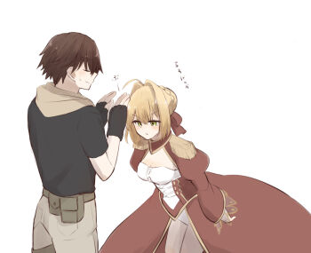 1boy 1girl 46isky21 ahoge annoyed belt black_gloves black_shirt blonde_hair blush bow braid breasts brown_belt brown_hair buttons cleavage_cutout closed_eyes closed_mouth clothing_cutout commentary_request cowboy_shot dress epaulettes fate/extella fate/extella_link fate/extra fate_(series) fingerless_gloves from_behind gloves green_eyes hair_between_eyes hair_bow hair_bun hands_up highres hooded_shirt juliet_sleeves kishinami_hakuno_(male) long_sleeves looking_at_another looking_down medium_breasts nero_claudius_(fate) nero_claudius_(fate/extra) official_alternate_costume panties pants pantyshot pocket puffy_sleeves red_bow red_dress shirt short_hair short_sleeves sidelocks simple_background single_braid smile standing sweatdrop thigh_strap two-tone_dress underwear v-shaped_eyebrows white_background white_dress white_panties white_pants wide_sleeves