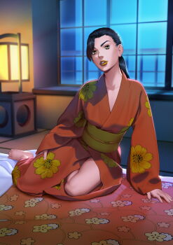 1girl absurdres arm_support barefoot black_hair brown_lips commentary english_commentary floral_print futon green_sash higashikata_rina highres indoors japanese_clothes jojo_no_kimyou_na_bouken jojolion kimono lantern legendarysoulii lips long_hair long_sleeves looking_at_viewer makeup night obi orange_kimono parted_lips ponytail sash sitting solo window yellow_eyes yokozuwari