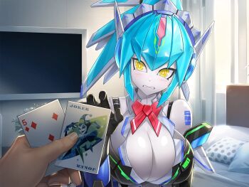 1boy 1girl action_taimanin android aqua_hair armor arnetes asahi bed bedroom blush breastplate breasts card cleavage colored_skin detached_collar game_cg high_ponytail highres impossible_clothes impossible_leotard joints large_breasts leotard lilith-soft long_hair looking_at_another mecha_musume mechanical_arms mechanical_hair narrow_waist official_art pillow playing_card playing_games ponytail reaching reaching_towards_another robot_girl robot_joints shiny_skin standing taimanin_(series) transparent_background upper_body white_skin yellow_eyes