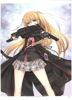Rule 34 | 1girl, blonde hair, blue eyes, bow, coat, crossed arms, dual wielding, female focus, fingerless gloves, gloves, gun, hair ribbon, handgun, highres, holding, little busters!, long hair, m1911, mikazuki akira!, miniskirt, overcoat, pink bow, pistol, plaid clothes, plaid skirt, pleated skirt, ribbon, school uniform, skirt, smile, solo, standing, tokido saya, weapon, weiss schwarz, white skirt