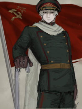 1boy axis_powers_hetalia belt brown_gloves buttons closed_mouth cowboy_shot diver_down0404 empty_eyes gloves green_hat green_jacket green_pants hair_between_eyes hammer_and_sickle hand_up hat hat_ornament highres holding holding_lead_pipe jacket lead_pipe long_sleeves looking_at_viewer male_focus military military_hat military_jacket military_uniform pants peaked_cap red_eyes russia_(hetalia) scarf short_hair simple_background smile solo soviet soviet_army standing star_(symbol) star_hat_ornament white_background white_hair white_scarf yellow_belt