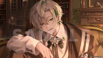 1boy :d analog_clock arm_on_knee balance_scale bookshelf brooch brown_jacket brown_pants brown_ribbon brown_vest buttoned_cuffs buttons chrono_reverse clock collared_shirt colored_inner_hair commentary_request copyright_notice couch curtained_hair earclip earrings fireplace gem green_eyes green_gem green_hair hair_between_eyes indoors jacket jacket_on_shoulders jewelry kaname_(chrono_reverse) knee_up ladder lamp leaning_forward long_sleeves looking_at_viewer lower_teeth_only male_focus multicolored_hair muntins neck_ribbon official_art open_mouth pants ribbon sample_watermark shirt short_hair single_hair_intake sitting sleeve_garter smile solo ss_utr3n stepladder striped_ribbon teeth upper_body vest watermark weighing_scale white_hair white_shirt window