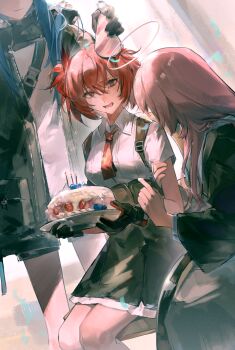 3girls absurdres arknights birthday_cake black-framed_eyewear black_gloves black_jacket black_shorts black_skirt blue_hair breasts cake chinese_commentary commentary_request fiammetta_(arknights) food gloves halo hat highres jacket lemuen_(arknights) long_hair lu_bian_de_yecao_zai_changge medium_breasts mostima_(arknights) multiple_girls necktie open_clothes open_jacket party_hat pink_hair red_hair red_necktie shirt short_sleeves shorts sitting skirt standing white_shirt
