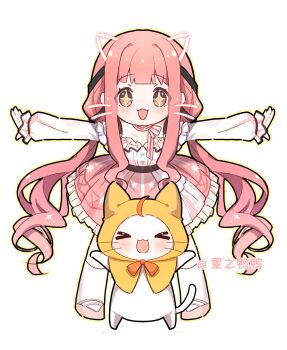 Rule 34 | > <, + +, 1girl, ahoge, animal, animal ears, belt, black belt, black ribbon, blunt bangs, bow, bow choker, bowtie, bra strap, brown eyes, buttons, cat, cat ears, center frills, cherilynorz, chibi, chinese commentary, choker, circle skirt, cloak, clothed animal, commentary request, drawn ears, drawn whiskers, ear covers, eyelashes, frilled shirt, frilled skirt, frilled sleeves, frills, full body, hair ribbon, happy, highres, hood, hood up, hooded cloak, infinity nikki, kneehighs, layered skirt, leaning forward, light blush, long hair, long sidelocks, long sleeves, low twintails, mary janes, medium skirt, momo (nikki), nikki (nikki), nikki (series), off-shoulder shirt, off shoulder, open mouth, orange bow, orange bowtie, outline, outstretched arms, perfect start (infinity nikki), pink bow, pink bowtie, pink choker, pink hair, pink shoes, pink skirt, pleated skirt, print skirt, puffy long sleeves, puffy sleeves, ribbon, shirt, shoes, sidelocks, simple background, single stripe, skirt, sleeves past wrists, smile, snowflake print, snowflakes, socks, sparkle, sparkling eyes, straight-on, striped bow, striped bowtie, striped choker, striped clothes, tareme, tress ribbon, twintails, variant set, very long hair, wavy hair, whiskers, white background, white cat, white shirt, white skirt, white socks, yellow cloak, yellow outline