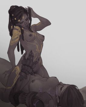 2girls arcane:_league_of_legends ass bed body_markings breasts colored_veins commentary completely_nude cowboy_shot dark-skinned_female dark_skin dreadlocks english_commentary fingering glowing_veins hair_ornament hair_up half_updo hand_on_another's_stomach highres indoors kahelmoan league_of_legends long_hair lying mature_female medium_breasts mel_(league_of_legends) multiple_girls nipples nude on_back on_bed prosthesis prosthetic_arm pubic_hair pussy_juice sevika_(arcane) sitting sitting_on_person small_breasts veins yuri