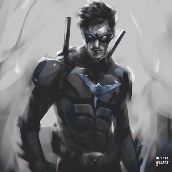 10s 1boy 2014 armor batman_(series) belt body_armor dc_comics dick_grayson domino_mask escrima_stick eye_mask gauntlets huy_wee_dinh male_focus mask monochrome nightwing solo spot_color