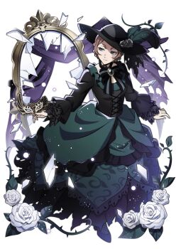 1girl black_bow black_dress black_hat blue_eyes bow broken_mirror brooch brown_hair bungou_stray_dogs closed_mouth dress flower frilled_dress frills full_body green_dress hat hat_feather hat_flower holding holding_mask jewelry long_sleeves margaret_mitchell mask masquerade_mask mirror official_alternate_costume official_art rose shards shoes solo third-party_source thorns transparent_background two-tone_dress unworn_mask white_flower white_rose