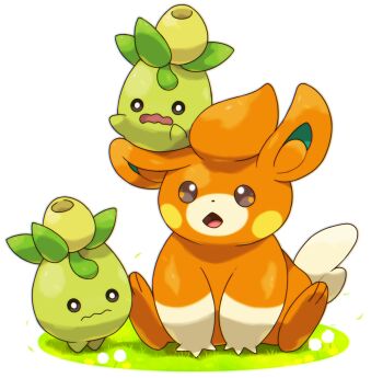 animal_focus black_sclera blush_stickers brown_eyes chromatic_aberration closed_mouth colored_sclera dandelion flower full_body grass highres nintendo no_humans on_ground on_head open_mouth pawmi pokemon pokemon_(creature) pokemon_on_head rorosuke sitting smoliv spread_legs standing wavy_mouth white_eyes yellow_flower