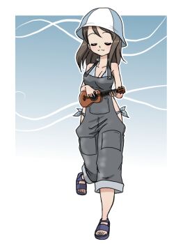 1girl alternate_costume bikini blue_bikini blush breasts brown_hair cleavage closed_eyes closed_mouth collarbone flip-flops girls_und_panzer grey_footwear grey_overalls holding holding_instrument holding_ukulele instrument long_hair mika_(girls_und_panzer) music official_alternate_costume overalls playing_instrument sandals side-tie_bikini_bottom slides striped_bikini striped_clothes striped_hat swimsuit takahashi_kurage ukulele vertical-striped_bikini vertical-striped_clothes