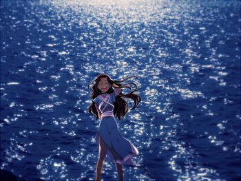 1girl avatar:_the_last_airbender avatar_legends dark_skin dark-skinned_female female_focus katara looking_at_viewer ocean smile solo t_k_g water
