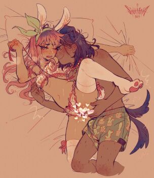 1boy 1girl 2023 alternate_costume alternate_hair_color analogous_colors animal_ear_hairband animal_ears artist_name aubrey_(faraway)_(omori) aubrey_(omori) bare_arms bare_legs bare_shoulders bed_sheet black_hair blush bow bow_hairband bow_legwear bow_panties boxers bra breasts bright_pupils brown_background bulge cactus_print censored closed_mouth clothing_aside clothing_cutout collar commentary cropped_legs dark-skinned_male dark_skin dog_boy dog_ears dog_tail english_commentary english_text erection erection_under_clothes eye_contact eyes_visible_through_hair fake_animal_ears fake_tail fang film_grain fingering fingering_from_behind fingernails frilled_bra frilled_panties frills green_eyes green_hairband green_male_underwear hair_over_shoulder hairband hand_up head_on_pillow heart heart_censor heart_print hetero heterochromia highres holding holding_leash interracial kel_(faraway)_(omori) kel_(omori) kemonomimi_mode knee_up leash leg_hair long_hair looking_at_another lying male_underwear medium_hair multicolored_hair navel no_sclera no_shoes nostrils omori on_bed on_side open_mouth panties panties_aside paw_print pillow pink_bow pink_hair pussy pussy_juice rabbit_ear_hairband rabbit_ears rabbit_tail raised_inner_eyebrows red_collar roots_(hair) sidelocks simple_background sintastein skindentation small_breasts smile sound_effects spiked_collar spikes stomach tail tail_bow tail_ornament tail_through_clothes tail_wagging teeth thighhighs topless_male turning_head two-tone_hair underwear underwear_only upper_teeth_only vaginal wavy_mouth white_bra white_panties white_pupils white_tail white_thighhighs