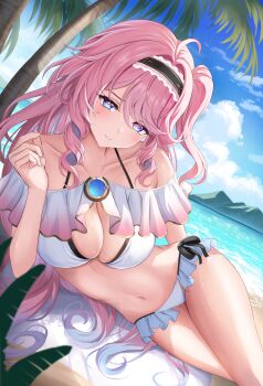 1girl absurdres ahoge bare_shoulders beach beach_mat bikini blue_eyes blue_sky blush breasts cleavage closed_mouth cloud collarbone day denia_(wuthering_waves) dutch_angle frilled_bikini frills gold_trim gradient_bikini gradient_hair hair_between_eyes hair_intakes halterneck hand_up headband highres long_hair looking_at_viewer lying medium_breasts mountainous_horizon multicolored_hair navel ocean on_ground on_side one_side_up outdoors palm_tree pink_hair shouhaku0512 sidelocks sky smile solo stomach sunlight swimsuit thighs tree very_long_hair white_bikini wuthering_waves