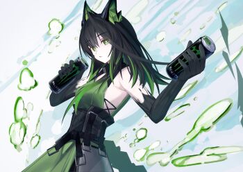 1girl absurdres arknights bare_shoulders black_hair bright_pupils can character_name colored_extremities colored_inner_hair drink drink_can green_eyes green_hair hair_between_eyes hashtag-only_commentary highres holding holding_can holding_drink long_hair looking_at_viewer mon3tr_(arknights) monster_energy multicolored_hair nae_nae_atrophy parted_lips product_placement pun sleeveless solo white_pupils