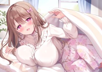 1girl :d absurdres bed bed_sheet blush bow breasts brown_hair curtains earrings floral_print floral_print_skirt hair_bow heart heart_earrings highres indoors jewelry large_breasts leaf long_sleeves looking_at_viewer lying on_bed on_side open_mouth original picture_frame pink_eyes pink_skirt print_skirt shiono_(0303) shirt skirt smile solo under_covers white_shirt window