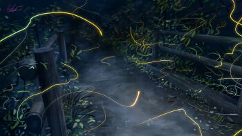 absurdres banishment bug commentary_request dark fence fireflies firefly foliage highres insect night no_humans original outdoors path road scenery signature wooden_fence