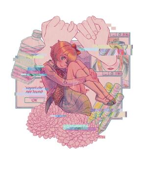 2girls blue_eyes blush bottle bow character_name closed_mouth commentary crayon doki_doki_literature_club doki_doki_literature_club_school_uniform eyelashes fingernails flower glitch hair_bow jacket kneehighs leunfer monika_(doki_doki_literature_club) multiple_girls neck_ribbon open_clothes open_jacket pink_flower pinky_swear red_bow ribbon sayori_(doki_doki_literature_club) school_uniform shoes short_hair signature skirt smile socks solo_focus spoilers window_(computing)