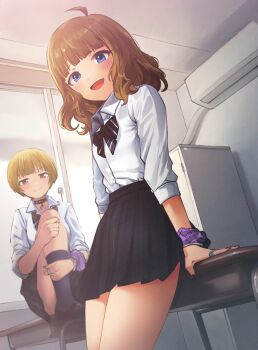 2girls ahoge black_bow black_bowtie black_choker black_nails black_skirt blonde_hair blue_eyes bow bowtie bracelet brown_hair choker classroom concept_gyarus_(idolmaster) day desk fingernails from_below fukuda_noriko gyaru hanamasa_ono heart heart_choker highres idolmaster idolmaster_million_live! idolmaster_million_live!_theater_days indoors jewelry knee_up leaning_on_object looking_at_viewer medium_hair multiple_girls nail_polish official_alternate_costume on_desk open_mouth pleated_skirt purple_scrunchie ring school_desk school_uniform scrunchie shirt short_hair sitting skirt smile striped_bow striped_bowtie striped_clothes suou_momoko white_shirt wrist_scrunchie