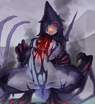 1girl absurdres blue_skin breasts chest_spike claws colored_skin ekrea_jan fangs glowing gogmazios grey_background grey_skin hair_over_one_eye highres horns long_hair looking_at_viewer medium_breasts monster_hunter_(series) navel open_mouth red_eyes scales slime_(substance) smoke squatting tail wings