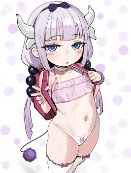 1girl absurdres backpack bag blue_eyes blush blush_stickers bow choker cinn_angl dragon_girl dragon_horns hair_bow highres horns kanna_kamui kobayashi-san_chi_no_maidragon loli looking_at_viewer navel panties polka_dot polka_dot_background purple_hair randoseru solo standing stomach tail thighhighs thighs underwear v white_choker white_panties white_thighhighs