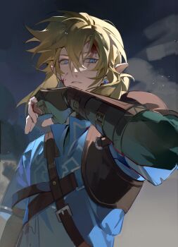 1boy absurdres arm_belt armor belt belt_buckle black_belt black_gloves blonde_hair blood blood_on_face buckle cowboy_shot earrings fingerless_gloves gloves hair_between_eyes highres injury jewelry jiao_qiang_bu_sha leather_armor link looking_to_the_side male_focus nintendo open_collar piercing pointy_ears short_sleeves sideways_glance solo the_legend_of_zelda the_legend_of_zelda:_breath_of_the_wild tunic