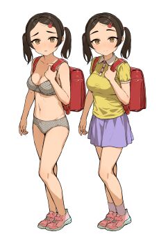 1girl backpack bag blue_skirt blush bra breasts brown_eyes brown_hair cleavage closed_mouth collared_shirt grey_bra grey_panties hair_ornament hairclip kono_(yuri_kotone_ero) looking_at_viewer medium_breasts multiple_views navel nose_blush panties pink_footwear pleated_skirt polka_dot polka_dot_bra polka_dot_panties randoseru shirt shoes short_sleeves simple_background skirt sneakers socks standing takenoko_no_you twintails underwear underwear_only white_background yellow_shirt