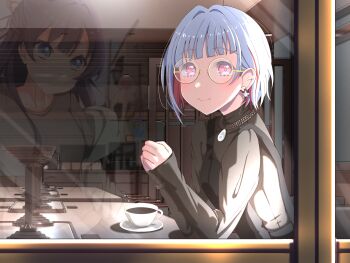 2girls absurdres black_sweater black_vest cafe closed_mouth coffee colored_inner_hair commentary_request cup diagonal_bangs earrings elbows_on_table female_pov from_outside glasses grey_shirt highres jewelry link!_like!_love_live! long_sleeves looking_at_viewer love_live! mole mole_on_neck multicolored_hair multiple_girls murano_sayaka murano_sayaka_(winter_casual) official_alternate_costume partial_commentary pov red_eyes red_hair red_streaks reflection round_eyewear saucer shirane_nanimo shirt short_hair sleeves_past_wrists smile split_mouth star_(symbol) star_earrings streaked_hair sweater teacup vest virtual_youtuber white_hair yellow-framed_eyewear yugiri_tsuzuri yugiri_tsuzuri_(post-graduation)