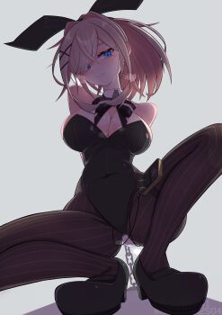 1girl absurdres animal_ear_hairband animal_ears bdsm blonde_hair blue_eyes bondage bound breasts chain commentary_request electrostimulation fake_animal_ears fake_tail female_focus hair_over_one_eye hairband highres large_breasts looking_at_viewer menou_74 nijisanji pantyhose playboy_bunny ponytail pussy_juice rabbit_ear_hairband rabbit_ears rabbit_tail simple_background solo squatting striped_clothes striped_pantyhose suzuhara_lulu tail variant_set virtual_youtuber