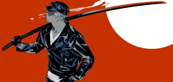 1boy adam&#039;s_apple cigarette facial_hair from_side gloves goatee hand_on_own_hip hat holding holding_sword holding_weapon jacket katana leather leather_gloves leather_jacket limited_palette long_sword male_focus mohikan5 mouth_hold original over_shoulder profile red_background short_hair smoke smoking solo sword sword_over_shoulder upper_body v-neck weapon weapon_over_shoulder