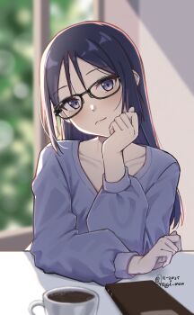 1girl absurdres alice_gear_aegis backlighting black-framed_eyewear blurry blurry_background blush book closed_mouth coffee coffee_mug collarbone commentary_request cup dated day depth_of_field glasses grey_sweater hand_on_own_cheek hand_on_own_face head_tilt highres indoors long_sleeves looking_at_viewer momoshina_fumika mug purple_eyes purple_hair signature smile solo sundajin_asagi sweater table upper_body