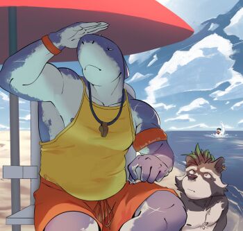 3boys animal_ears arm_up armband armpits artist_name asphyxiation beach beach_umbrella bear_boy black_helmet blue_sky closed_mouth cloud colored_tips commentary dated drowning earrings english_commentary eyepatch face_piercing fortnite furry furry_male half-closed_eyes helmet highres jewelry lunkbunn male_focus mohawk multicolored_hair multiple_boys neckerchief nipples nose_piercing notched_ear ocean one_eye_covered open_mouth piercing polar_patroller_(fortnite) raccoon_boy raccoon_ears red_armband red_neckerchief red_shorts rufus_(fortnite) shark_boy shirt shorts single_earring sky sleeveless sleeveless_shirt steve_(fortnite) tank_top topless_male umbrella whistle whistle_around_neck yellow_tank_top