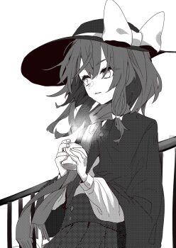1girl against_railing black_cape black_hat black_skirt bow brown_hair buttons cape greyscale hair_between_eyes hair_bow hat hat_bow highres holding holding_coffee_pot large_bow leaning_back long_sleeves looking_to_the_side medium_hair monochrome muraryo open_mouth railing scarf shirt simple_background skirt sleeve_cuffs solo standing steam touhou usami_renko white_background white_bow white_shirt wide_brim winter