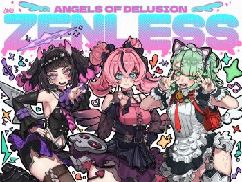 Rule 34 | 3girls, animal ear hairband, animal ears, aria (discordant note) (zenless zone zero), aria (zenless zone zero), bag, bare shoulders, bell, black boots, black bridal gauntlets, black choker, black garter straps, black hair, black nails, black skirt, black streaks, black thighhighs, blue eyes, blush, boots, breasts, bridal gauntlets, brown thighhighs, cat ear hairband, cat ears, character name, choker, cleavage, colored inner hair, commentary, cowboy shot, crossed bangs, demon tail, demon wings, detached sleeves, double v, dress, english text, fake animal ears, from side, garter straps, ghost hair ornament, green eyes, green hair, green nails, grey wings, hair between eyes, hair ornament, hairband, halo, hand on own hip, hand up, heart, highres, leg up, looking at another, looking at viewer, maid, maid headdress, medium breasts, midriff, multicolored hair, multiple girls, multiple hair clips, nangong yu, nangong yu (rhapsody's muse), navel, neck bell, official alternate costume, open mouth, pink eyes, pink hair, purple halo, red bag, shisunomiunko, shoes, simple background, skirt, skull ornament, smile, sparkle, star-shaped pupils, star (symbol), streaked hair, sunna (afternoon tea break) (zenless zone zero), sunna (zenless zone zero), symbol-shaped pupils, tail, thighhighs, triangle hair ornament, untranslatable commentary, v, white background, white wings, winged bag, wings, zenless zone zero