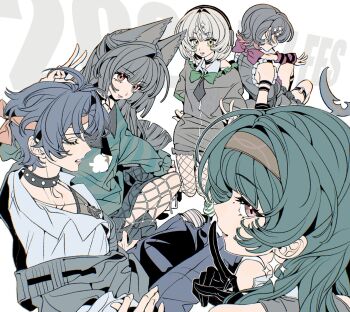 1boy 4girls ahoge alternate_costume anby_demara animal_ear_fluff animal_ears asaba_harumasa astra_yao black_hair bow choker collar earrings ellen_joe fishnets fox_ears fox_girl gloves hair_ornament hairclip headband headphones highres hoshimi_miyabi jacket jewelry long_hair mole multicolored_eyes multiple_girls off_shoulder pants shirt thigh_strap two-tone_eyes very_long_hair white_hair xjgfhvg zenless_zone_zero