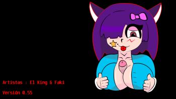 :3 :p animated animated_gif artist_request black_background breasts cleavage copyright_request disembodied_penis hair_over_one_eye half-closed_eyes looping_animation paizuri penis purple_hair simple_background source_request spanish_text tongue tongue_out uncensored