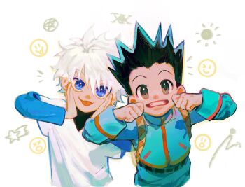 2boys arcobale_6 blue_eyes cheek_bulge cheek_pull cheek_squash child commentary multiple_expressions gon_freecss grimace hunter_x_hunter killua_zoldyck long_sleeves making_faces male_focus mouth_pull multiple_boys shirt short_hair symbol-only_commentary teeth white_hair white_shirt