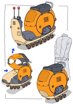 1boy absurdres animal-themed_vehicle arrow_(symbol) gatling_santouhei highres machine machinery motor_vehicle multiple_views original scooter snail vehicle_focus