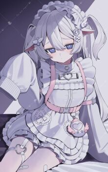 1girl absurdres apron bandaid bandaid_on_leg belt blue_eyes blush closed_mouth commission dress frilled_apron frilled_dress frills furrowed_brow hair_between_eyes hair_ornament hairclip hand_up hashtag-only_commentary heart highres jacket jersey_maid looking_at_viewer maid maid_apron maid_headdress one_side_up original pantyhose pink_belt ringed_eyes sample_watermark shadow short_hair sitting skeb_commission sleeves_past_fingers sleeves_past_wrists solo squallea track_jacket turtleneck turtleneck_jacket unconventional_maid watermark white_apron white_dress white_hair white_jacket white_pantyhose white_theme
