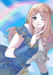 Rule 34 | 1girl, 72 (mi5 o en), absurdres, aircraft, airplane, bang dream!, bang dream! it&#039;s mygo!!!!!, bare shoulders, blue dress, blue eyes, brown hair, chromatic aberration, closed mouth, commentary, contrail, day, detached sleeves, dress, earrings, hashtag-only commentary, highres, jewelry, long hair, looking at viewer, nagasaki soyo, off-shoulder dress, off shoulder, one eye closed, outdoors, rainbow, smile, solo, upper body, v, white dress