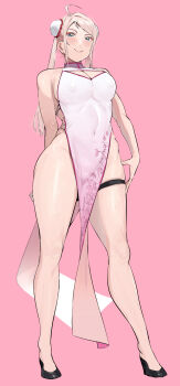 1girl ahoge black_footwear blue_eyes breasts bun_cover china_dress chinese_clothes cleavage cleavage_cutout closed_mouth clothing_cutout covered_erect_nipples double_bun dress floral_print full_body gradient_clothes gradient_dress hair_bun high_heels highres long_hair looking_at_viewer love_live! love_live!_nijigasaki_high_school_idol_club mole mole_under_eye okpriko pelvic_curtain pink_background pink_dress pink_hair side_slit smile standing thigh_strap thighs zhong_lanzhu