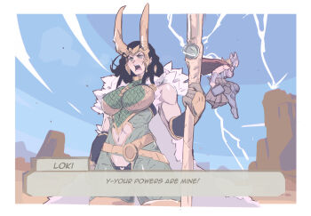 2girls armor black_hair blonde_hair blue_sky border breastplate breasts cape clothing_cutout commentary dialogue_box english_text fake_horns fur_cape green_armor green_eyes holding holding_scepter horned_headwear horns jane_foster lady_loki large_breasts lightning loki_(marvel) long_hair marvel marvel_rivals michel_teru mjolnir_(marvel) multiple_girls navel navel_cutout open_mouth red_cape scale_armor scepter sky superhero_costume thor_(jane_foster) thor_(marvel)_(series) toned toned_female white_border white_cape