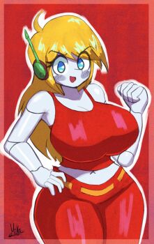 Rule 34 | 1girl, ahoge, armpit peek, bare shoulders, blonde hair, blue eyes, border, breasts, cleavage, clenched hand, colored skin, curly brace, doukutsu monogatari, hand on own hip, hand up, huge breasts, joints, long hair, looking at viewer, midriff, miks381, navel peek, open mouth, outline, pants, red background, red pants, red shirt, robot, robot ears, robot girl, robot joints, shirt, signature, smile, solo, thick thighs, thighs, white outline, white skin