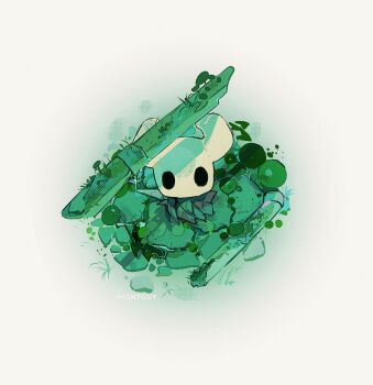 1other artist_name black_eyes chinese_commentary commentary_request film_grain from_above full_body halftone halftone_background highres hightguy hollow_knight knight_(hollow_knight) looking_at_viewer on_grass other_focus simple_background solid_eyes solid_oval_eyes solo sparkle standing