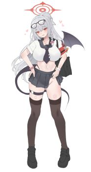 Rule 34 | 1girl, absurdres, adapted costume, armband, black thighhighs, black wings, blue archive, blush, braid, breasts, commentary request, demon wings, eyewear on head, full body, grey hair, groin, halo, haruna (blue archive), heart, highres, large breasts, long hair, looking at viewer, midriff, pleated skirt, ponytail, red armband, red eyes, red halo, school uniform, shirt, simple background, single braid, single wing, skirt, solo, star (symbol), thick thighs, thighhighs, thighs, umber00, white background, white shirt, wings