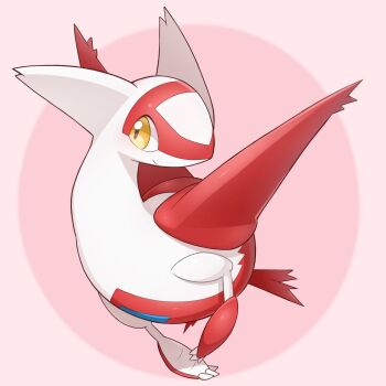 blush claws closed_mouth cosmos3572 full_body gen_3_pokemon highres latias legendary_pokemon looking_at_viewer nintendo no_humans pokemon pokemon_(creature) pokemon_focus simple_background smile solo wings yellow_eyes