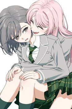 2girls :d ^_^ absurdres arms_around_waist asymmetrical_bangs bang_dream! bang_dream!_it's_mygo!!!!! blazer bob_cut brown_eyes chihaya_anon closed_eyes collared_shirt commentary_request couple diagonal-striped_clothes diagonal-striped_necktie dress_shirt expressionless fang front-to-back green_necktie green_skirt green_socks grey_hair grey_jacket hands_on_own_knees haneoka_school_uniform happy head_on_another's_shoulder head_tilt highres hug hug_from_behind jacket kneehighs knees_up korean_commentary lapels light_blush long_hair long_sleeves looking_at_another looking_to_the_side miniskirt multiple_girls nagseojang necktie notched_lapels open_mouth parted_hair pink_hair plaid_clothes plaid_skirt pleated_skirt school_uniform shirt short_hair simple_background sitting skin_fang skirt smile socks striped_clothes takamatsu_tomori waist_hug white_background white_shirt wing_collar winter_uniform yuri
