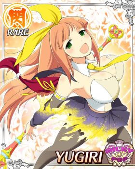 1girl :d black_pantyhose border bow breasts card_(medium) elbow_gloves english_text game_cg gloves green_eyes hair_bow henshin high_heels hime_cut large_breasts looking_at_viewer microphone_stand midriff necktie non-web_source official_alternate_costume official_art open_mouth orange_hair pantyhose senran_kagura senran_kagura_new_wave skirt smile solo transforming_clothes yellow_bow yellow_gloves yellow_necktie yellow_skirt yugiri_(senran_kagura)